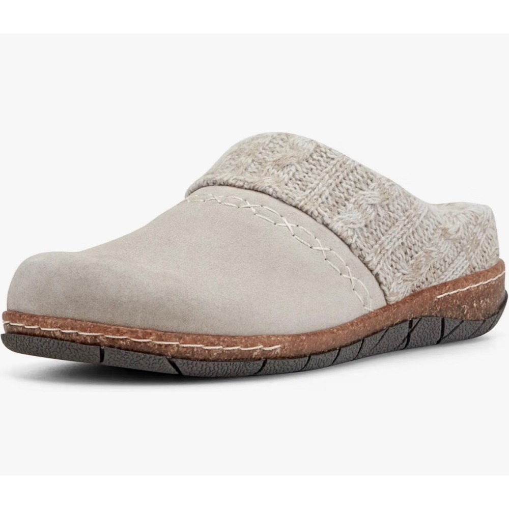 Earth Origins Suede Clog Slippers Grey Cable Knit Faux Fur Lining NEW